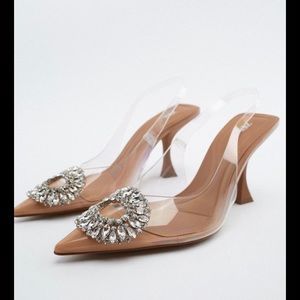 NWOT Zara Transparent Embellished Sling-back Vinyl Heels Size 40